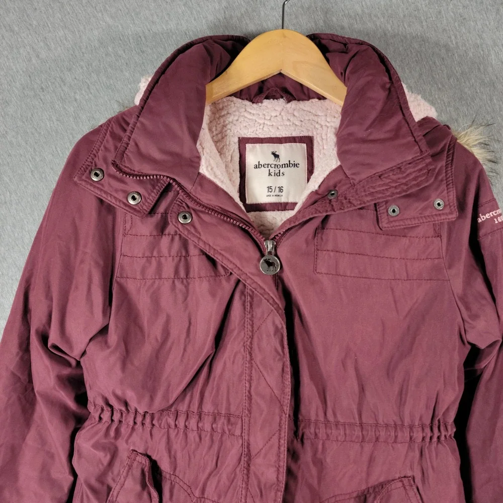 Abercrombie Kids Parka Jacket Kids 15/16 Maroon Faux Fur Hooded Sherpa Lined